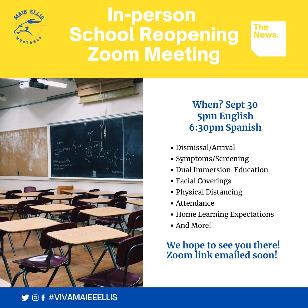 We can’t wait to welcome our Mustangs back the week of October 5th! Join us September 30th for a Zoom meeting to learn more about our hybrid reopening plans. <a href="/FUESDSchools/">FUESD Schools</a> #vivamaieellis