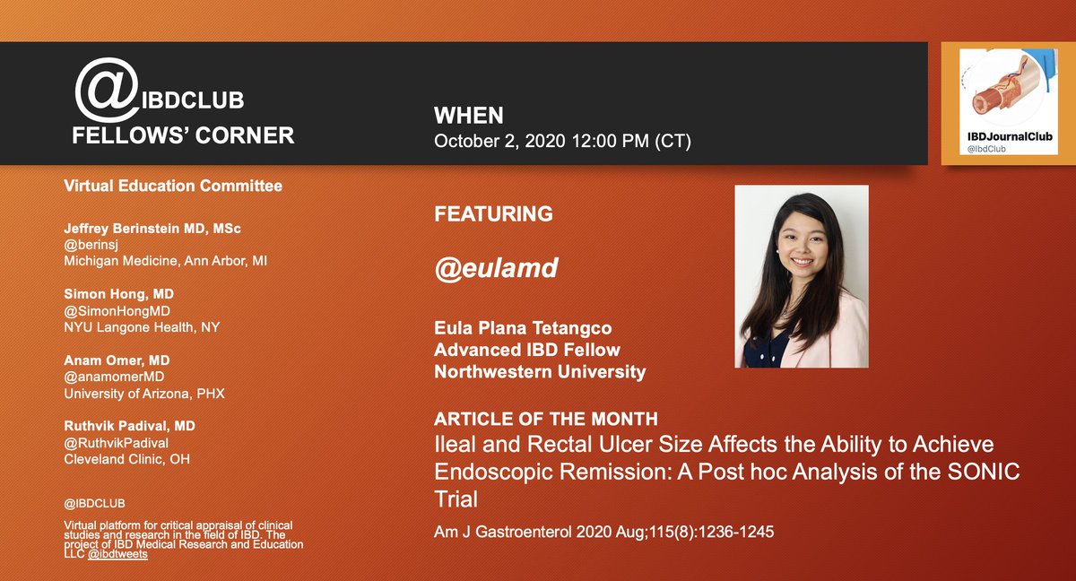 IBDJournalClub (@ibdclub) on Twitter photo Does Size of Ulcer Matters? Join <a href="/ibdclub/">IBDJournalClub</a>
October 2, 2020 12 PM CT <a href="/EulaMD/">Eula Plana Tetangco, MD, MPH</a> from <a href="/NMGastro/">Northwestern Medicine Digestive Health Institute</a> presenting <a href="/AmJGastro/">AJG - The American Journal of Gastroenterology</a> <a href="/AmCollegeGastro/">ACG</a> article: Ileal and Rectal Ulcer Size Affects the Ability to Achieve Endoscopic Remission: Post hoc Analysis of the SONIC Trial journals.lww.com/ajg/Abstract/2… Does Size of Ulcer Matters? Join <a href="/ibdclub/">IBDJournalClub</a>
October 2, 2020 12 PM CT <a href="/EulaMD/">Eula Plana Tetangco, MD, MPH</a> from <a href="/NMGastro/">Northwestern Medicine Digestive Health Institute</a> presenting <a href="/AmJGastro/">AJG - The American Journal of Gastroenterology</a> <a href="/AmCollegeGastro/">ACG</a> article: Ileal and Rectal Ulcer Size Affects the Ability to Achieve Endoscopic Remission: Post hoc Analysis of the SONIC Trial journals.lww.com/ajg/Abstract/2…