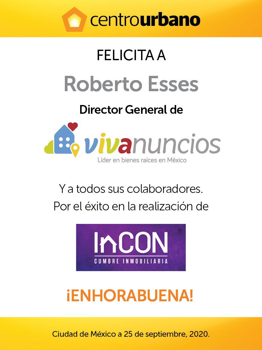 Felicidades a nuestros amigos y aliados de <a href="/Vivanuncios/">Vivanuncios México</a> por el éxito de #INCON2020... un gran evento que se ha convertido en un gran referente para el sector inmobiliario.
Nos vemos en #INCON2021