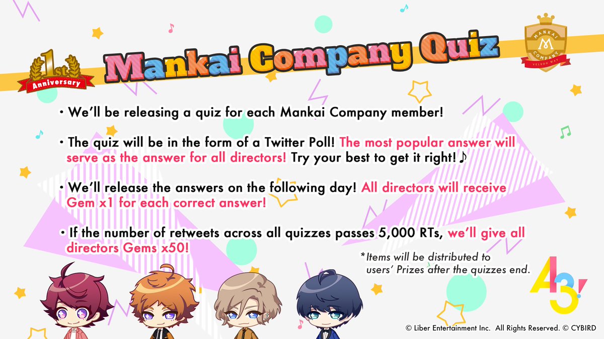 MankaiCompanyEN's tweet photo. Exciting news: As our special way of counting down to A3!'s 1st anniversary, starting from next week we'll be releasing quizzes for each character on Twitter! Check the image for all the details, and we wish you the best of luck! #a3game https://t.co/79e1ewxJjY