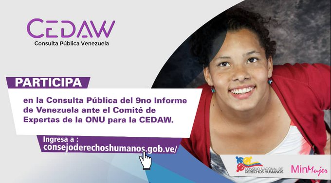 Vía "<a href="/luisjmarcano/">LJ</a>": RT <a href="/Mippcivzla/">mippci</a>: 🗣️ 𝙄𝙣𝙛𝙤́𝙧𝙢𝙖𝙩𝙚✍️🇻🇪
Arranca la consulta para presentar ante la #ONU el informe de Venezuela sobre la implementación de la Convención para la Eliminación de la Discriminación contra la Mujer #CEDAW.  ⏩  …