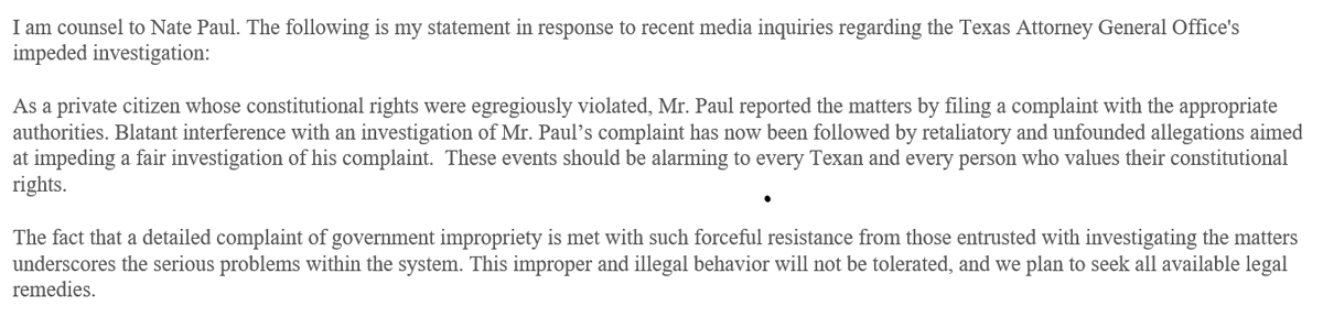 We haven't heard much from Paul or his lawyer, Michael Wynne, in all of this, but here's the full statement Wynne sent me Thursday. It didn't answer my questions and he hasn't respond since. 13/