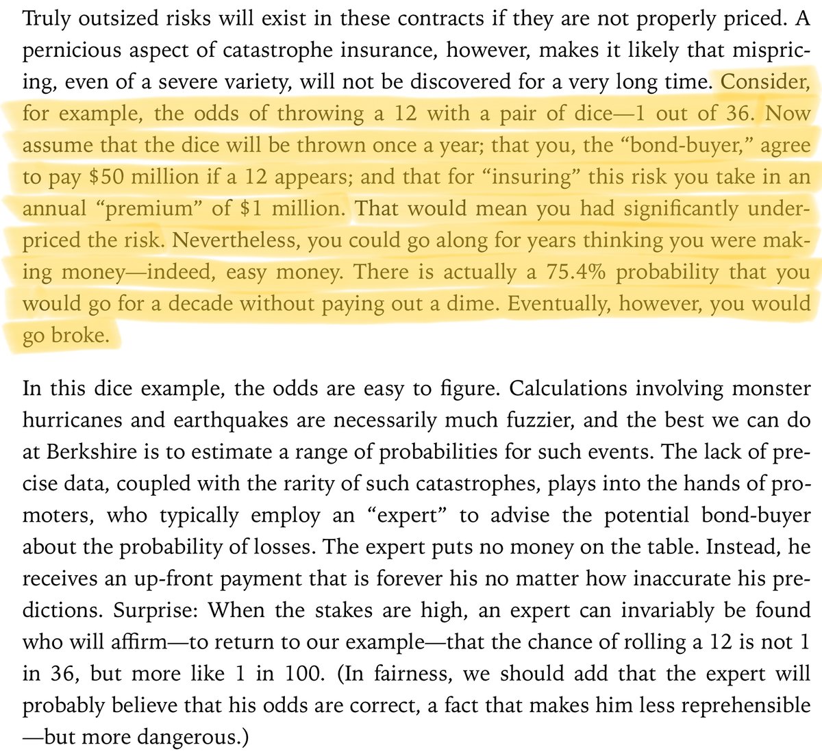30/As usual, I'll leave you with a few references.Buffett's letters are a great resource if you want to understand probabilistic thinking in insurance applications (like the earthquake insurance example above).For example, here are excerpts from his 1997 and 2005 letters: