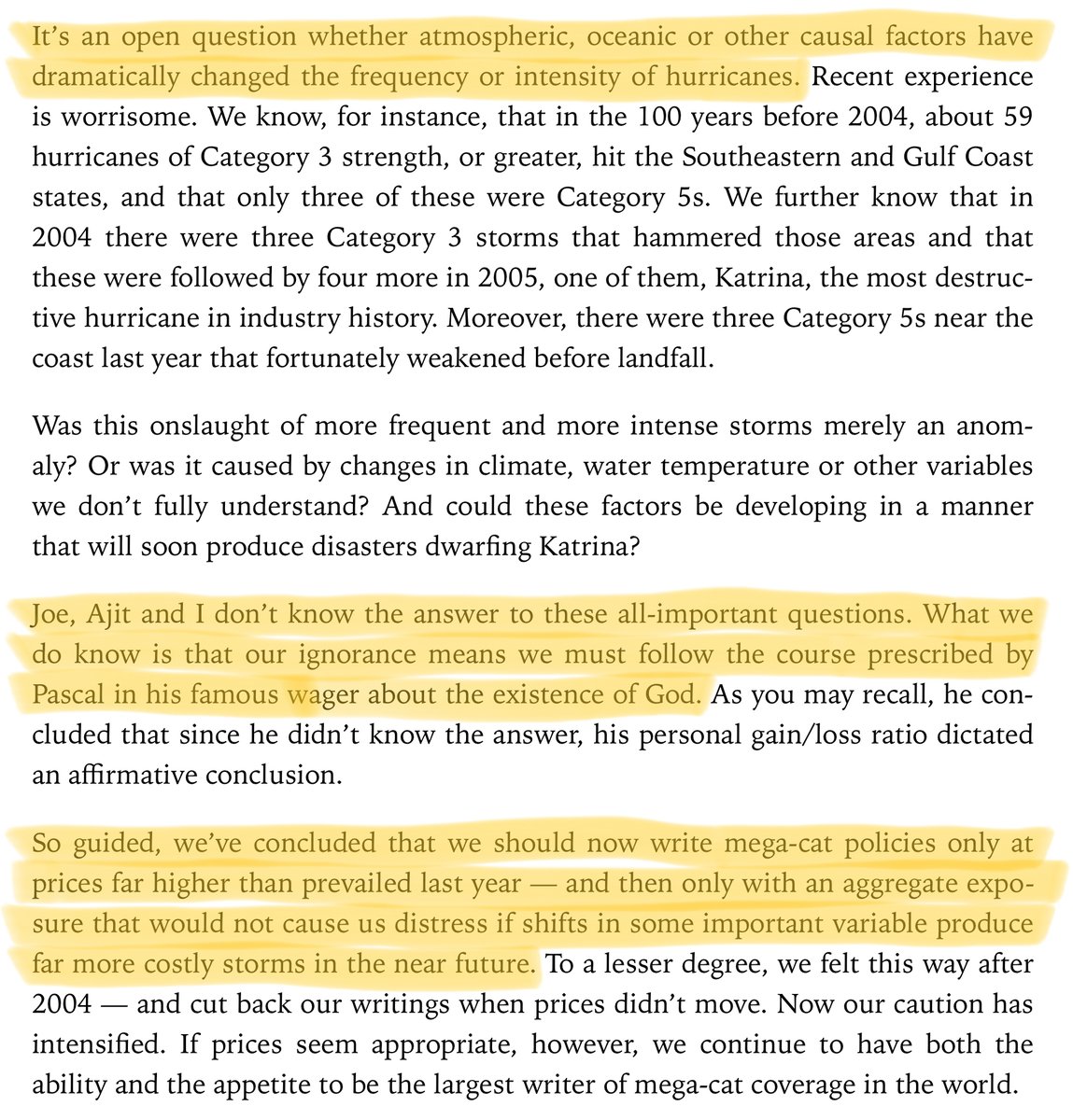 30/As usual, I'll leave you with a few references.Buffett's letters are a great resource if you want to understand probabilistic thinking in insurance applications (like the earthquake insurance example above).For example, here are excerpts from his 1997 and 2005 letters: