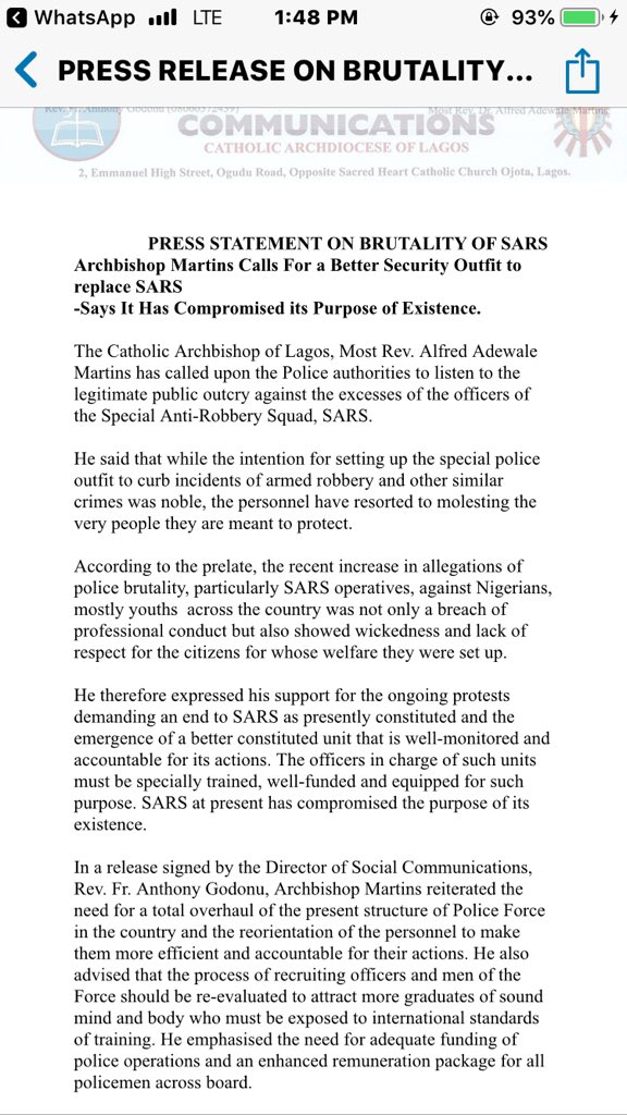 von_Bismack's tweet image. Breaking: the Catholic Church have joined #EndSarsNow protest

Remember that it's only the church that stands with us that we will attend.

Find below a Press Release by Bishop Adewale Martins (Catholic Bishop of Lagos Archdiocese) on #EndSARS