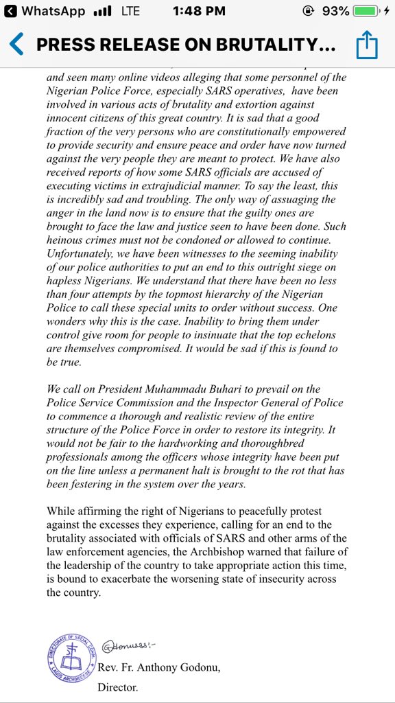 von_Bismack's tweet image. Breaking: the Catholic Church have joined #EndSarsNow protest

Remember that it's only the church that stands with us that we will attend.

Find below a Press Release by Bishop Adewale Martins (Catholic Bishop of Lagos Archdiocese) on #EndSARS
