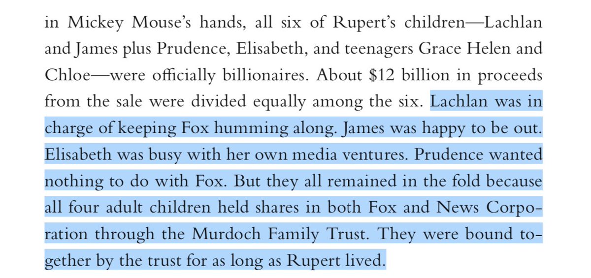Rupert's four adult children all hold power through their shares in the Murdoch Family Trust. In HOAX, I outlined a theory: Could James "partner with his sisters to wrest control of Fox Corp" from brother Lachlan, who currently runs the company?