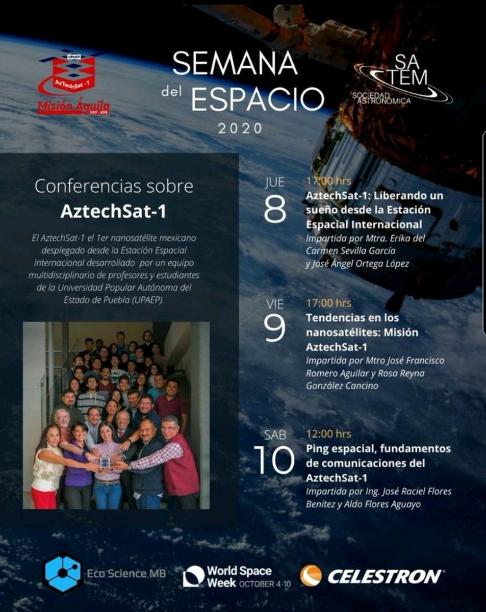 HOY a las 12 pm!!!!

La última plática de la Semana Mundial del Espacio con la participación de integrantes del AztechSat-1 Aldo Flores y Raciel Flores Benítez. 

No se la pierdan, pueden verla en el Facebook de la Sociedad Astronómica del Tecnológico de Monterrey.
