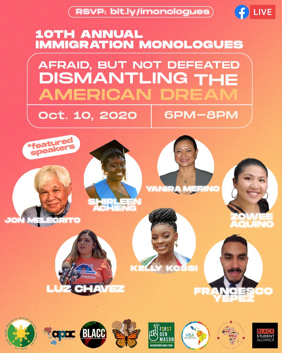 UndocuMason's tweet photo. 📣 Immigration Monologues is ‼️TODAY‼️ We are so excited for you to hear the phenomenal stories of our speakers later this evening. Make sure you don’t miss the Facebook livestream by registering at ✨ https://t.co/ERtLYqgUGk ✨ (case sensitive). See you soon! https://t.co/uZZSXoETU0