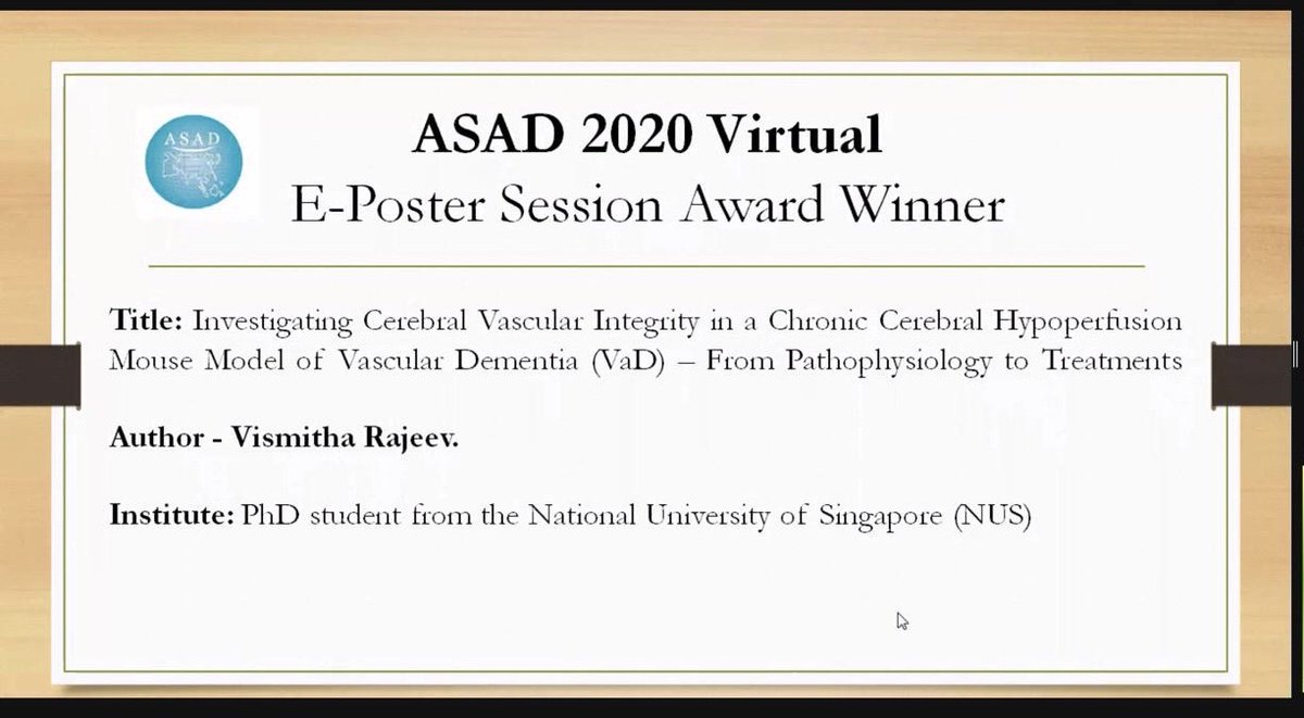 Memory Aging & Cognition Centre (MACC) Singapore (@agingmacc) on Twitter photo Warmest congratulations to our PhD student <a href="/RajeevVismitha/">Vismitha Rajeev</a> for being awarded the best poster prize on the ASAD Conference 2020! An excellent piece of work on cerebral vascular integrity in mice with vascular dementia! #ASAD2020 #Alzheimers Warmest congratulations to our PhD student <a href="/RajeevVismitha/">Vismitha Rajeev</a> for being awarded the best poster prize on the ASAD Conference 2020! An excellent piece of work on cerebral vascular integrity in mice with vascular dementia! #ASAD2020 #Alzheimers