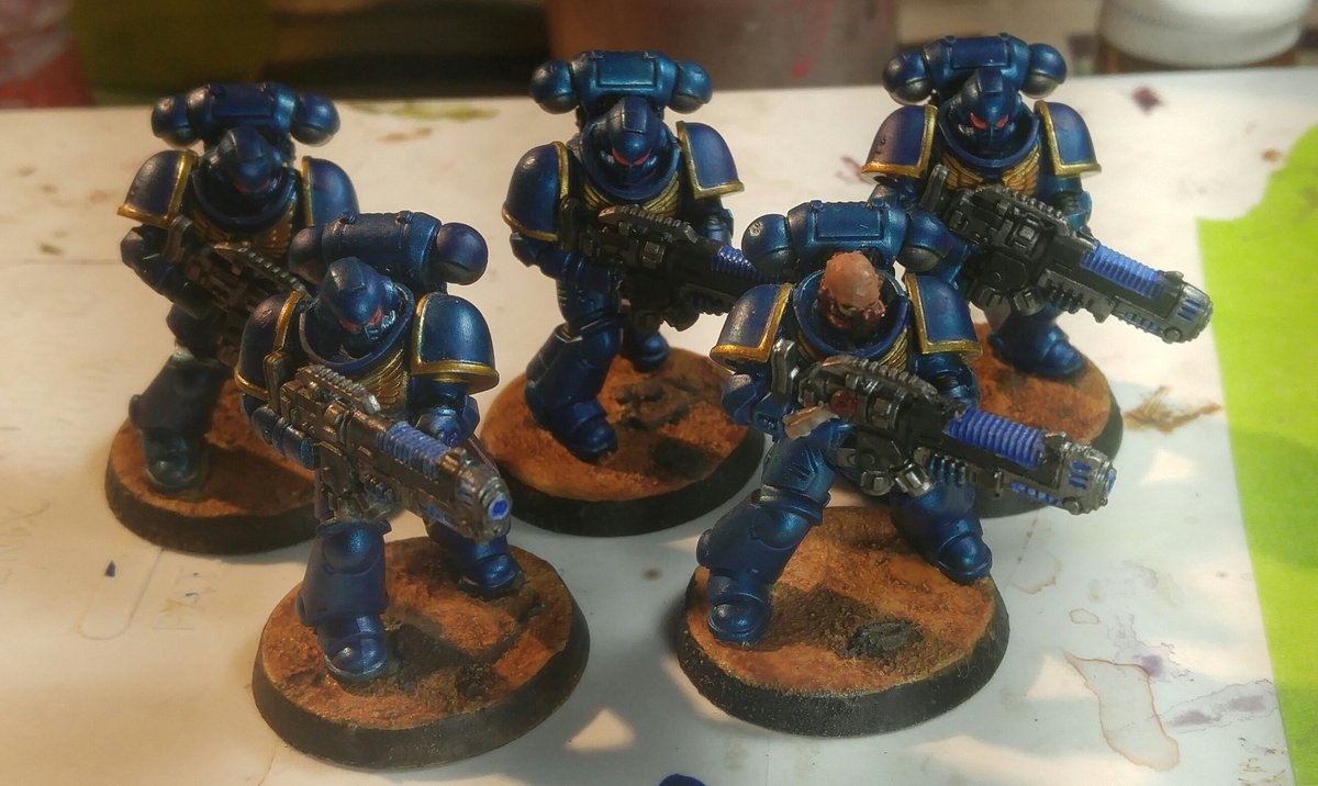 Myth3d's tweet photo. Calling these guys done for now, Sorry for the lackluster photos it was about 4am when i took them lol. There will be better ones when the holiday is over. #40K #warmongers #WarhammerCommunity #warhammer40k #ultramarines #spacemarines #hellblaster #warhammer #smallhammercommunity https://t.co/Andu2A7xYD