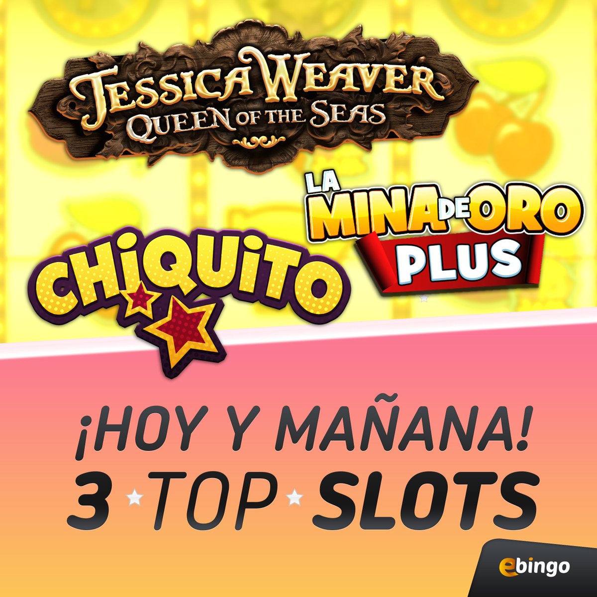 Aprovecha HOY y MAÑANA nuestro torneo 𝟯 ★ 𝗧𝗢𝗣 ★ 𝗦𝗟𝗢𝗧𝗦 con más de 300€ en premios. · 𝗤𝗨𝗘𝗘𝗡 𝗢𝗙 𝗧𝗛𝗘 𝗦𝗘𝗔𝗦 + 𝗟𝗔 𝗠𝗜𝗡𝗔 𝗗𝗘 𝗢𝗥𝗢 + 𝗖𝗛𝗜𝗤𝗨𝗜𝗧𝗢.

Entra ya en ebingo.es/promos y disfruta del torneo perfecto para este finde.