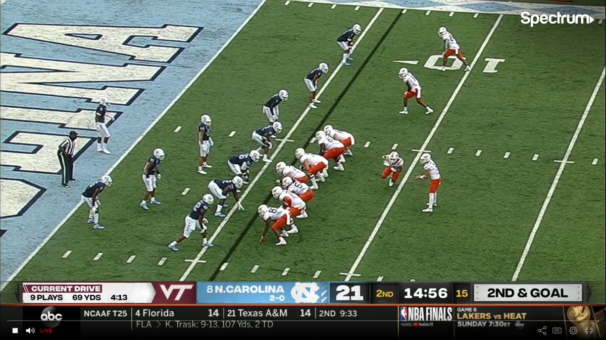 so UNC-Va Tech is a weird one. Both teams look GREAT. But if you're the Hokies, this is not a white helmet situation. You give that to the Tar Heels and wear that maroon helmet to create a pretty solid 123. would have elevated this game to A+. UNC's jerseys are FLAMES