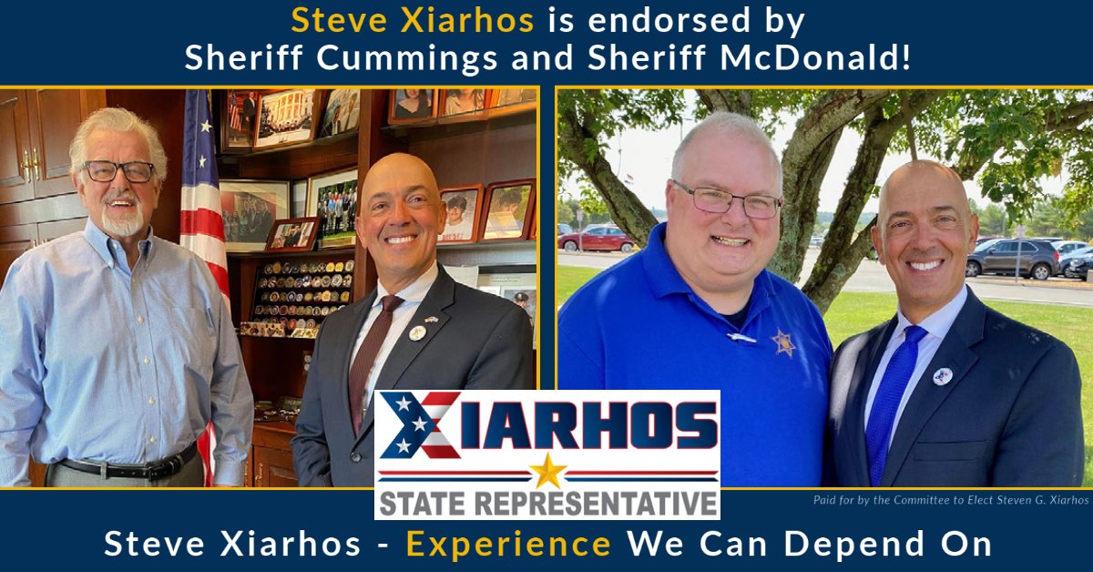 Steve Xiarhos is proud to be the endorsed candidate of Barnstable County Sheriff Cummings AND Plymouth County Sheriff McDonald. Just ask the Sheriffs - Steve's law enforcement experience makes him the best candidate to keep you safe!

xiarhosforrep.com/endorsements/