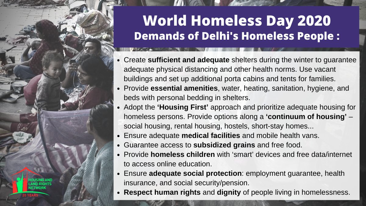 People living in #homelessness need secure homes, protection from heat &amp; cold, and food &amp; livelihood security. 

On #WorldHomelessDay, #HLRN calls for #AdequateHousing for homeless persons, as a human right. 

Our Press Release with #WinterPlan for Delhi:
bit.ly/34GLwfM