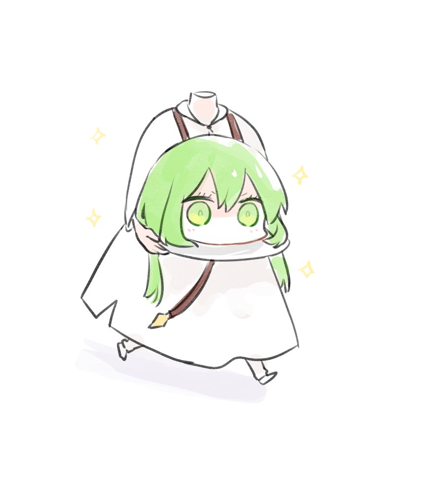 enkidu (fate) green hair green eyes 1other long hair white background chibi walking  illustration images