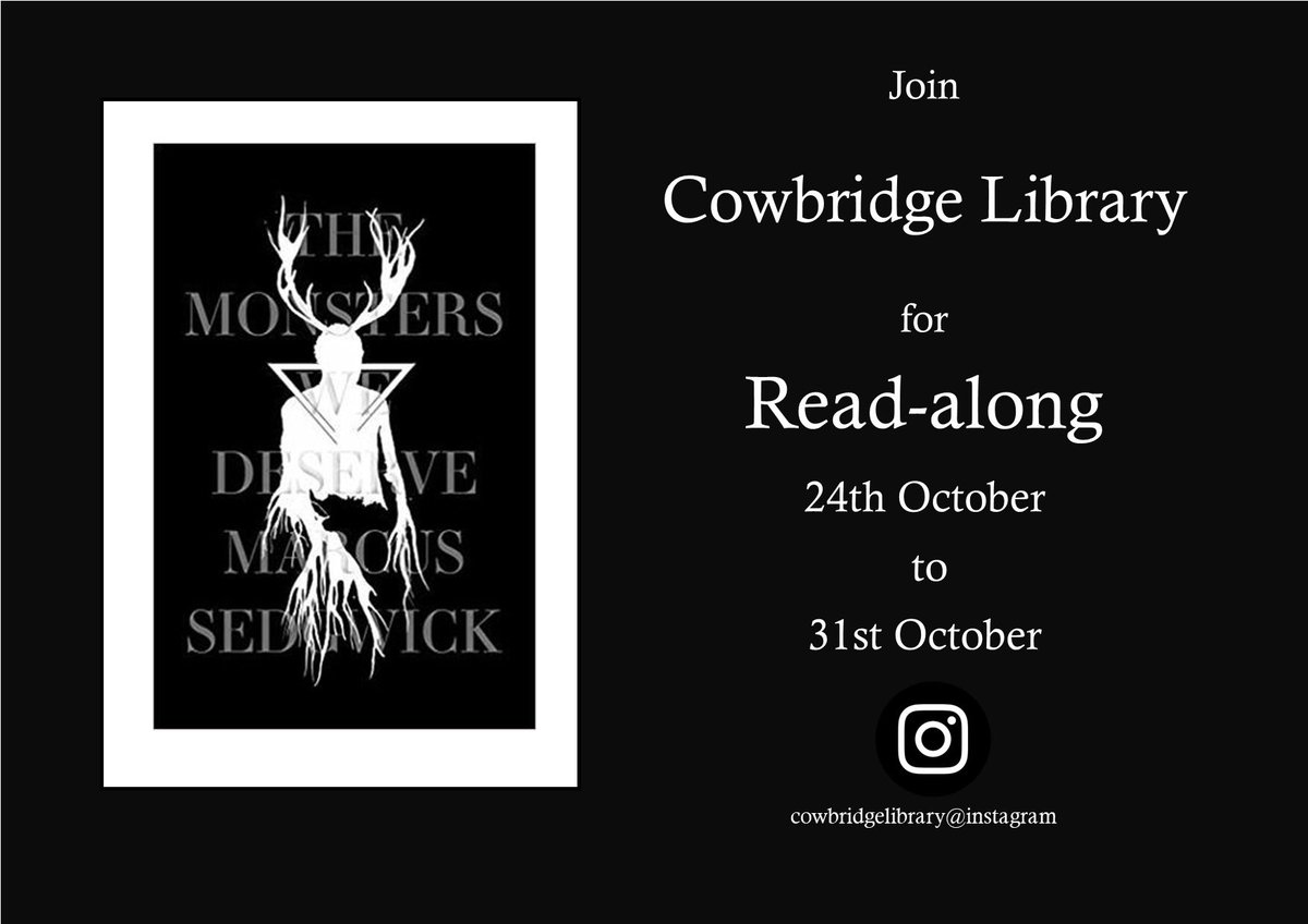 cowbridgelib's tweet photo. Join us for a spooky Halloween read-along of Marcus Sedgwickβs βThe Monsters We Deserveβ. Head on over to cowbridgelibrary@instagram. If you dare #Halloween #gothic #readalong @_ZephyrBooks @marcussedgwick @VOGLibraries #LibrariesWeek2020 @WelshLibraries https://t.co/pF1Piw4AdL