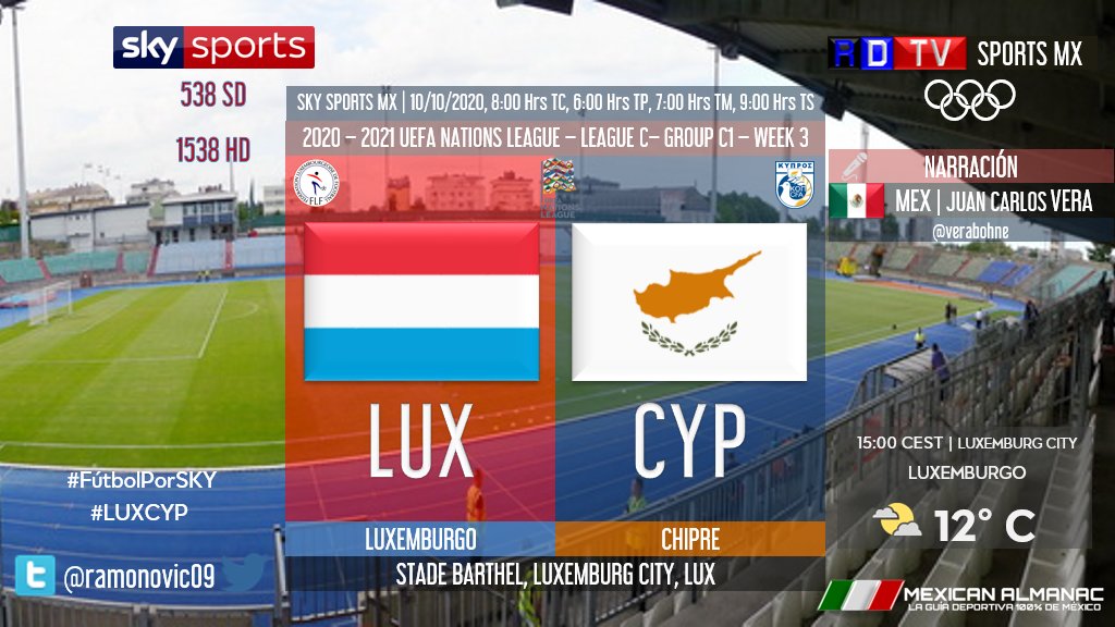 ramonovic09's tweet photo. #UEFANationsLeague #LigaC #GrupoC1 #Fecha3 | @flf_lu 🆚 @CyprusFA
🇱🇺 #Luxemburgo 🇨🇾 #Chipre
⏰ En Vivo
📺 @SKYSportsMX 538 y 1538
🎤 @verabohne
#FutbolPorSKY #SanaDistancia #LUXCYP https://t.co/S6rLmYCpTt