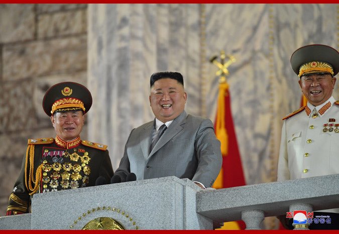 State news agency KCNA has just published 111 photos from the parade. I may be gone some time. (Pictured: Man who has been very brave, Kim Jong Un, man who has been not nearly as brave)