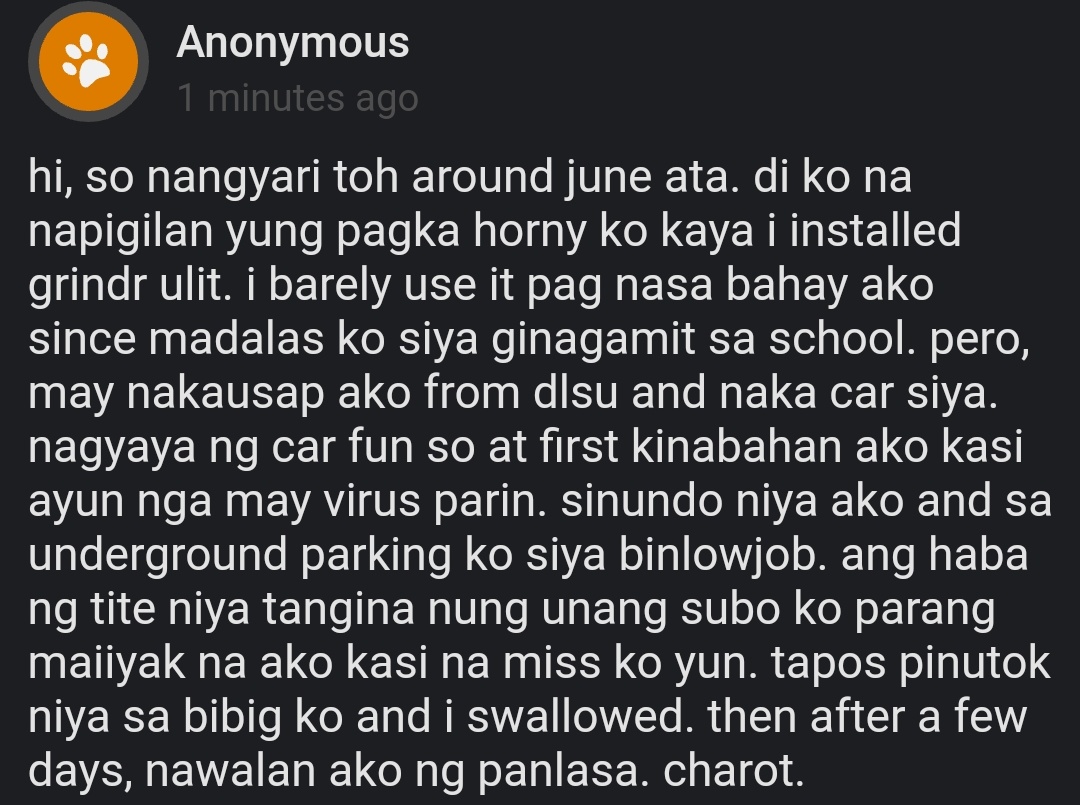 ito ay kwento ng mga taong hindi nakatiis habang nasa gitna tayo ng pandemya, BUT please, i encourage everyone to follow the quarantine rules and protocols in your area.confessions that involve minors, incest, nonconsensual sex are not welcome. http://curiouscat.me/scorsaguin 