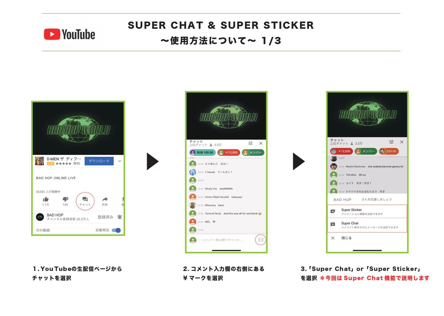 Bad Hop You Tube Super Chat 使用方法 お支払い方法 クレジットカード Paypal Visa バンドルカード Itunesカード Itunesカード Visaバンドルカードを使用する方は事前にチャージが必要となります 詳しい詳細は下記の画像になります