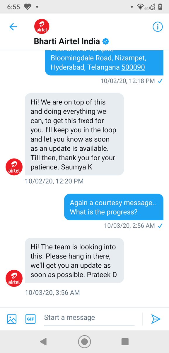 saikumar_balusu's tweet photo. @Airtel_Presence @Airtel_Presence @airtelindia The network issue is not sorted yet; it's been 2 months. Refer the attachment - sending courtesy messages is not helping. Can someone update me the progress on this? At least, do you know my location to check the issue.? 
#patheticairtel #airtelsucks https://t.co/vUb9G5ucNG