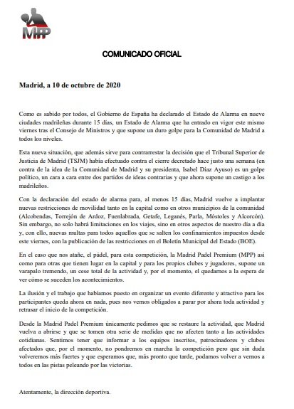 [COMUNICADO OFICIAL] 
Debido a los últimos acontecimientos políticos y a la declaración del Estado de Alarma, desde MPP nos vemos obligados a tener que cancelar temporalmente la competición.

Una lástima esta decisión, pero tened por seguro que volveremos con muchas más ganas.