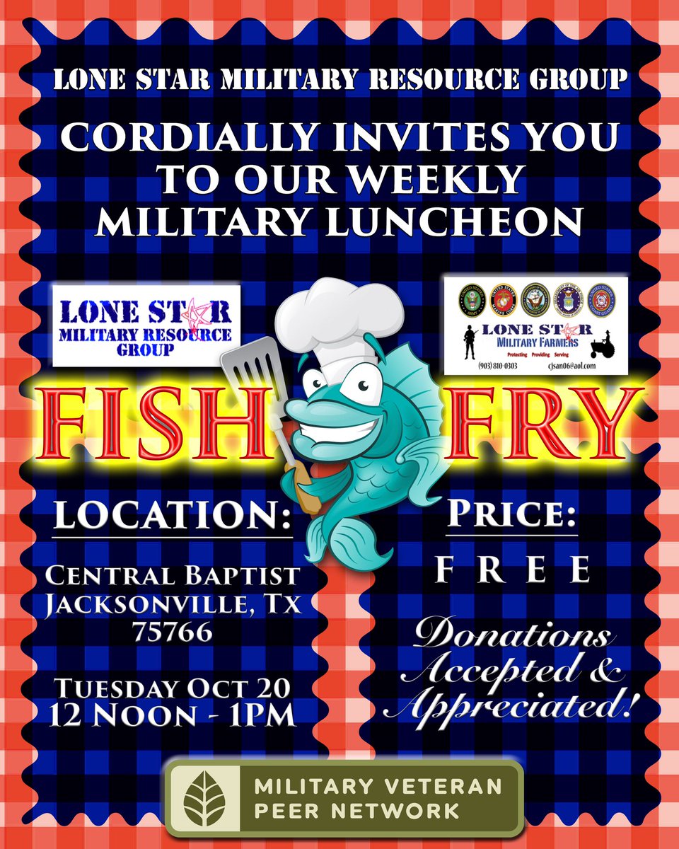 Military veterans (pre & post 9/11) bring the family and come join us October 20th for a catfish fry!

#TexasVeterans #EastTexas #OIF #OEF #Pre911 #Post911 #VeteranFamily #VeteranKids #MilitaryFamily #MilitarySpouse #MilitaryKids
