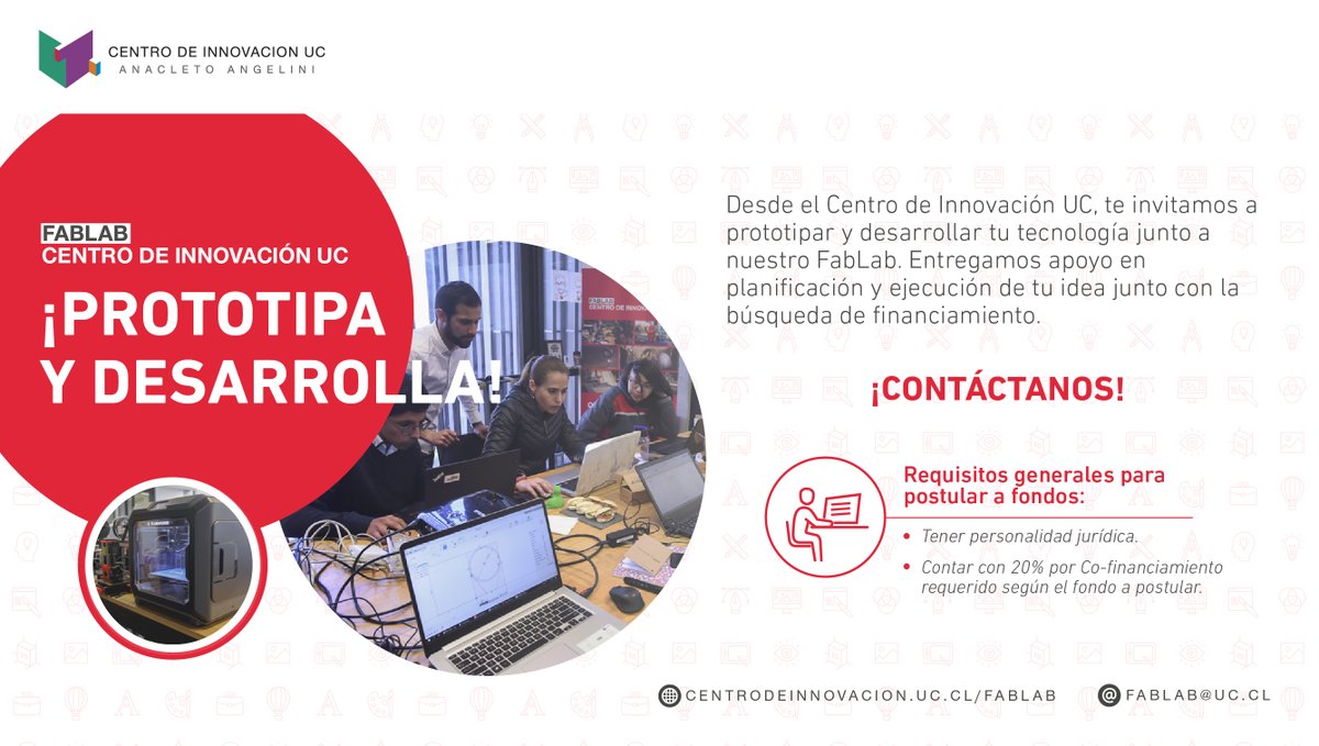 CentroinnovaUC's tweet photo. ¡Atención emprendedores! Te invitamos a prototipar y desarrollar tu tecnología junto a nuestro #FabLabCentro. Entregamos apoyo en planificación y ejecución de tu idea junto con la búsqueda de financiamiento. Contáctanos en fablab@uc.cl https://t.co/REyRHNzvuE