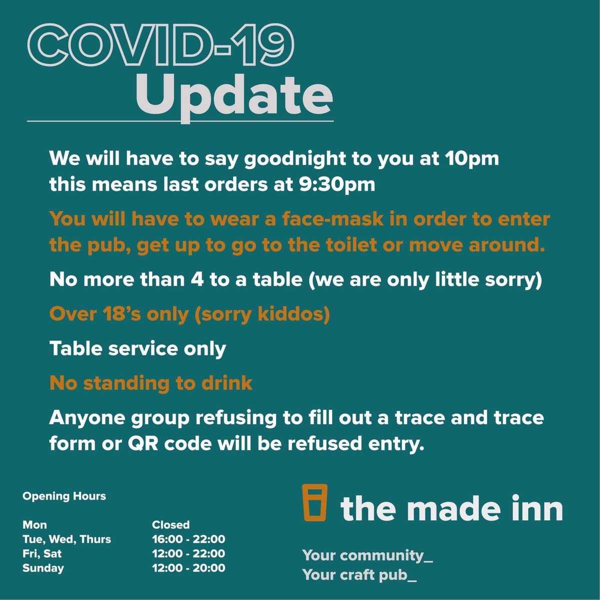 Oi you, yeah you ! 
Pay attention to our rules, it will make your visit here a lot easier and will stop you being turned away. Particularly...
🚫 Tables over 4 
🚫 Entry without a face mask 😷 

#covid19 #fuckcovid #10PM #craftbeer #madeinnco #Ale #saveyourlocal #smallvenues