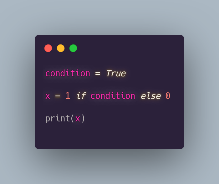 3. Ternary operator (condition)A Ternary operator allows you to quickly test a condition instead of a multiline if statement. https://book.pythontips.com/en/latest/ternary_operators.html
