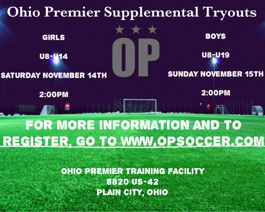 Looking to be part of #OPnation? Ohio Premier will be holding supplemental tryouts Nov 14 (U8-U14 Girls) and Nov 15 (U8-U19 Boys). For more info and registration, see links below. 

Girls Registration: forms.gle/9Mvh55ZNFDpQbf…

Boys Registration: forms.gle/AXjU5XgQZsE2m3…