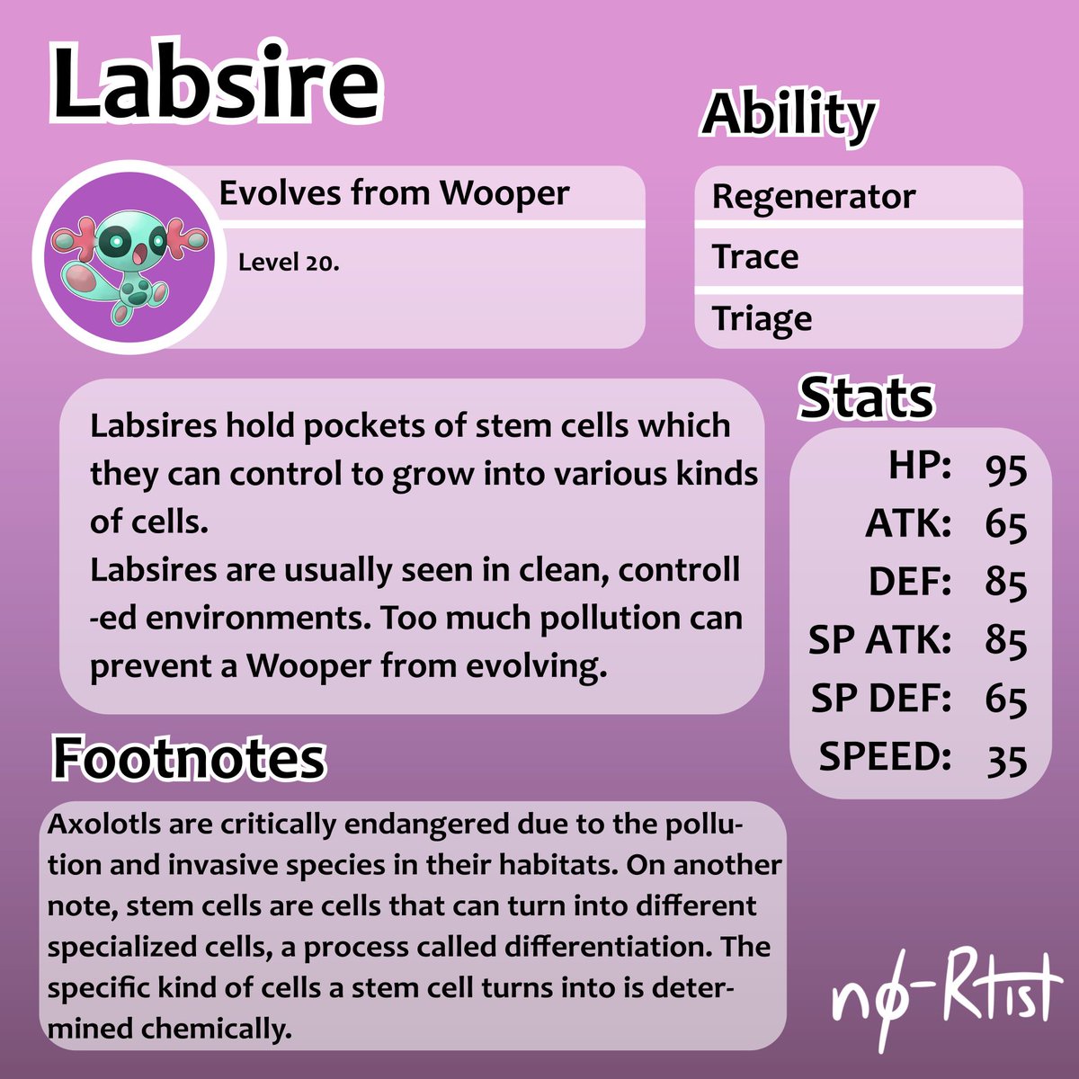 n0rtist's tweet photo. Labsire (Psychic/Fairy): Axolotls are currently endangered due to the invasive species and pollution in their habitat. Axolotls can reach adulthood without turning into salamanders.

#PokemonSwordShield #Pokemon #fakemon #ArtistOnTwitter #wooper #quagsire #axolotl #StemCells https://t.co/vHuhZRCchF