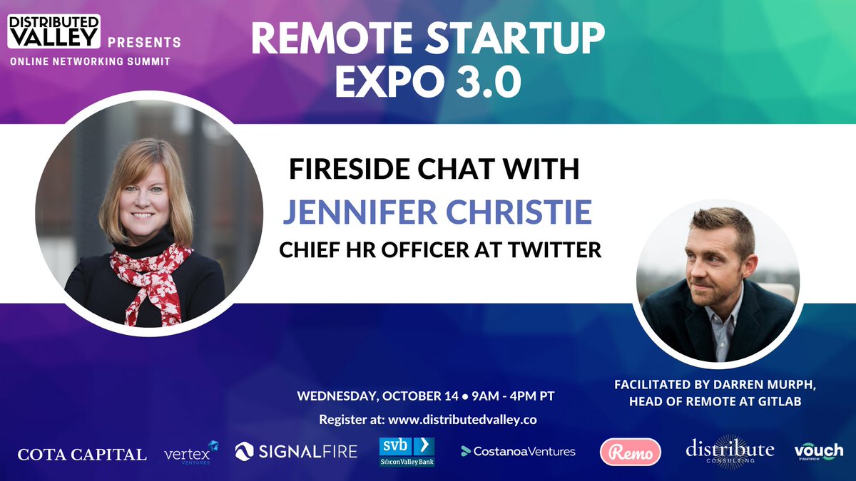 darrenmurph's tweet photo. The lineup for next week's @DistribValley Remote Startup Expo is ๐ฅ
I'll speak with @jenchristiehr (Chief HR Officer at @Twitter) on Oct. 14 ๐
Join the festivities at https://t.co/xmnr4FIZsq
#WinInTheNewNormal https://t.co/zQNKdawuts