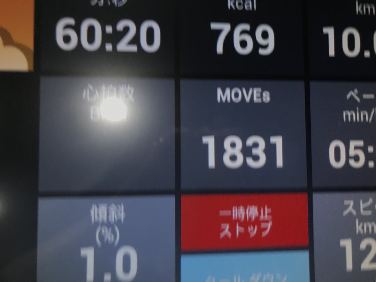 #投資家ナイキラン部

Apple Watch充電切れた💦
トレッドミルの画面も
キープの仕方がわからず
中途半端な画像

10Kmラン
タイムは60:20
消費カロリー769

悪天候なので
早速ジム再入会にして室内ラン可能にした甲斐が♪

序盤は我慢してゆっくり走る
5Km超えてから
余力を把握しつつペースをあげてく