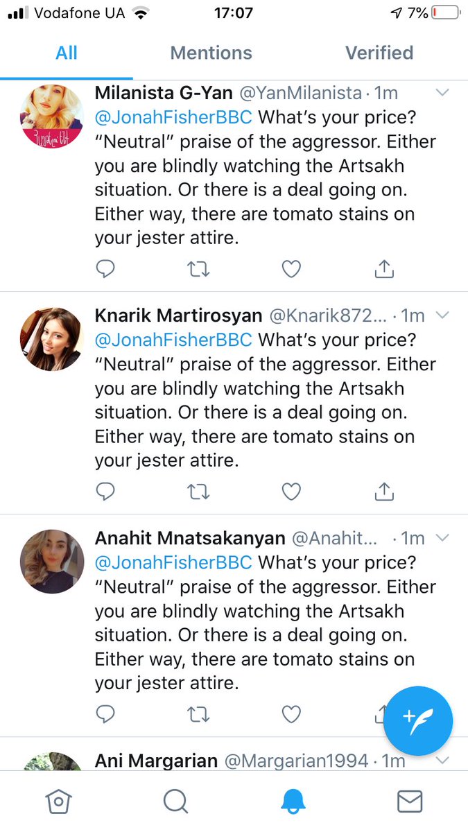 JonahFisherBBC's tweet photo. Interesting activity in my Twitter “Mentions” ... in the space of a minute I’ve been bombarded... and I mean bombarded ... with the near identical messages from different accounts. 
The “tomato stains on your jester attire” line is fun. https://t.co/f9VicxsLv4