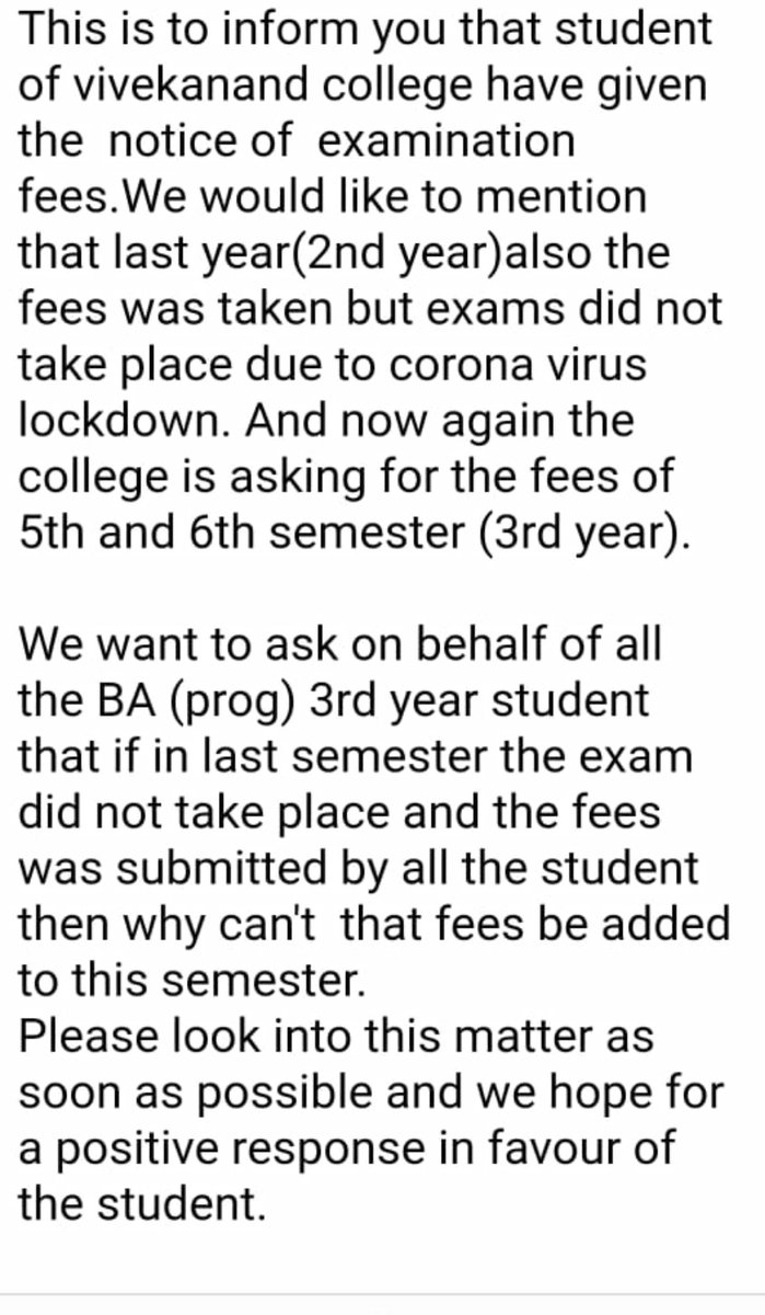Krish21784257's tweet photo. @msisodia @ArvindKejriwal
@EduMinOfIndia 
#noexamswhyfees #dustudentsagainstexaminationfees
Vivekananda college (DU) 
Delhi https://t.co/gIdtHhqOWu