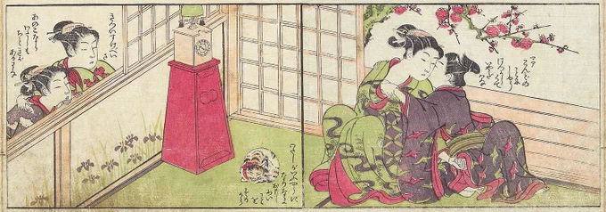 タモリ倶楽部で紹介されていた『あづまみやげ』。絵師の重政は、元服前の少年が若いことや、性に熟練ではないことを表現するために皮かぶりの男根を描いています。こういう表現も年齢や性別を読み取るための大切な記号なのですが残念ながらテレビでは隠されます。 
