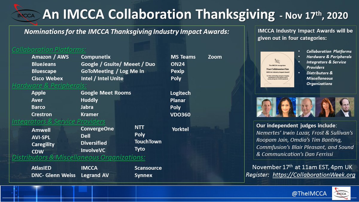 ICYMI: Congrats to all <a href="/THEIMCCA/">IMCCA</a> #Collaboration Industry Impact Award Nominees. Join us for the live #Thanksgiving Webcast Nov. 17th. Free registration here: zoom.us/webinar/regist…  More information about speakers, sponsors, giveaways &amp; other TBAs here: CollaborationWeek.org