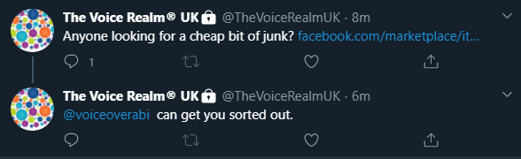 Deleted pretty quickly but I saw it. Really thought, for just a second yesterday, that  @TheVoiceRealmUK could be reasoned with to make effective change and be a positive voice.Lashing out days later at a voice actor who called you out on questionable tweets is not a good look.