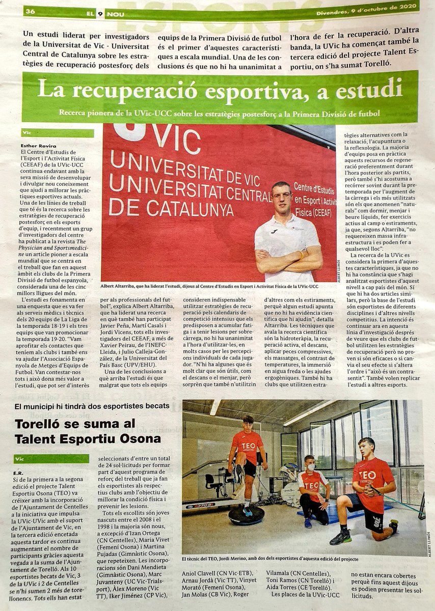 El <a href="/el9nou/">El 9 Nou</a> ahir dedicava mitja pàgina al Talent Esportiu Osona 20-21 😬 i d’estacava l’estudi dirigit per <a href="/altarribartes/">Albert Altarriba-Bartés</a> 👌🏼 amb <a href="/xavipl_2000/">Javier Peña</a> <a href="/CasalsTMarti/">Martí Casals</a> <a href="/jordivicensb/">Jordi Vicens Bordas 🎗</a> com a col•laboradors 📚 tots ells companys i amics del <a href="/uvic_ceeaf/">CEEAF</a> 👏🏼🔝#somtalent