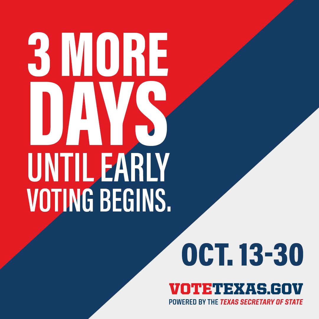 VoteTexas's tweet photo. Early voting begins in 3 days. Make sure you’re ready. Visit https://t.co/MdRpg54XRY to learn more about the 7 approved forms of photo ID you can use to vote and what to do if you do not possess and cannot reasonably obtain one. #VoteTexas #EarlyVoting #ReadyCheckVote https://t.co/g9jSynevEk