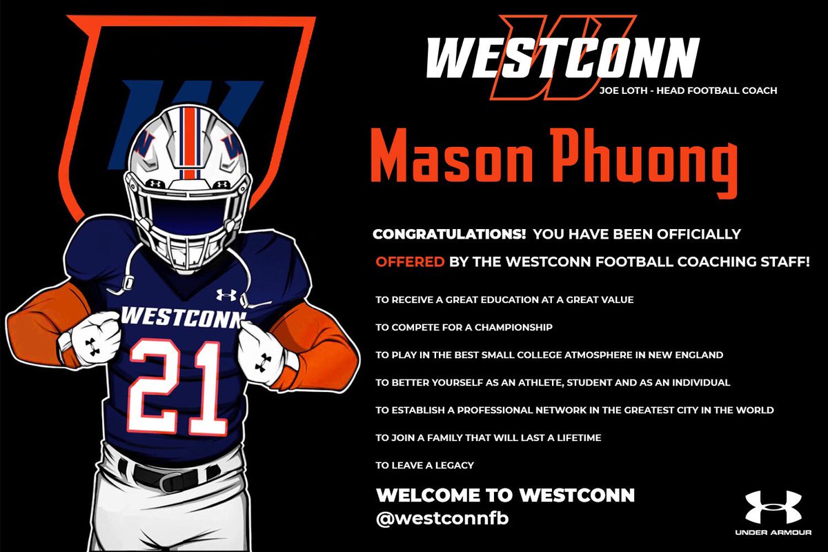 MasePhuong's tweet photo. Excited and thankful to receive an Offer from @WestConnFB thank you! @CoachLoth @kjonesNFL and the rest of the WestConn coaching staff! #TheHatterWay https://t.co/uf4kPeJogK