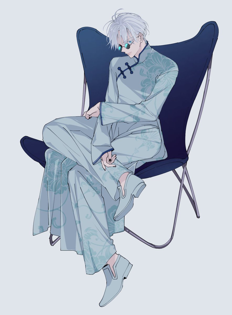 gojou satoru 1boy solo male focus sitting short hair full body long sleeves  illustration images