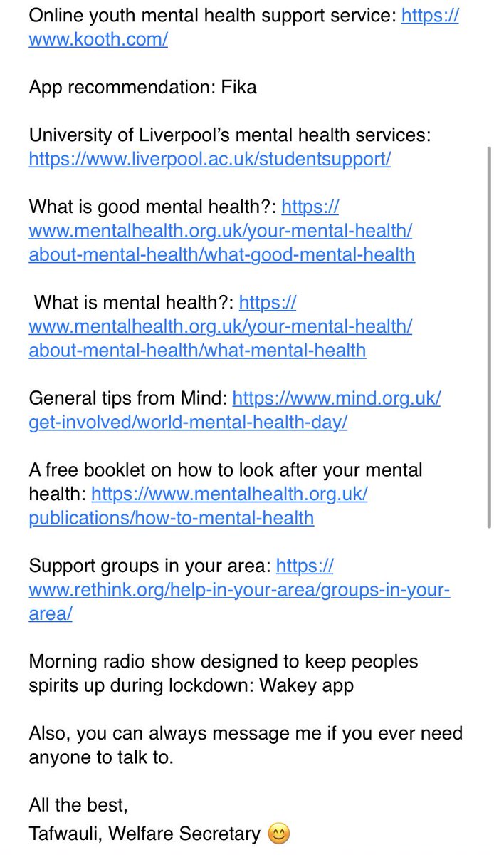 livzoosoc's tweet photo. We at ZooSoc want to make sure all our members feel listened to and like they have someone they can go to, so we have gathered some resources for you, in awareness of World Mental Health Day.
All the best, Tafwauli 😊 https://t.co/LncAJGCeUX