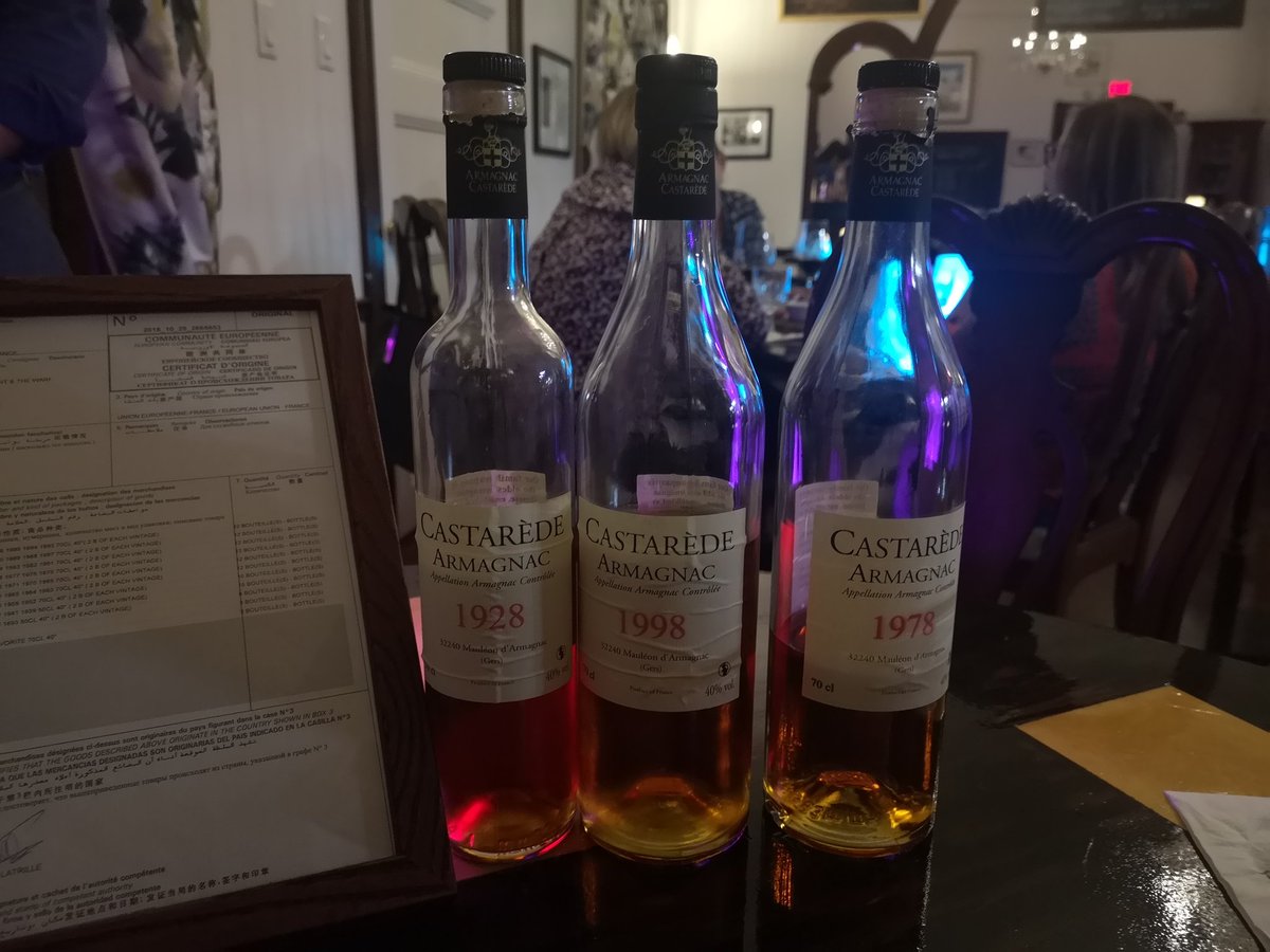 MikePhilbrick99's tweet photo. Armagnac tasting @grandoldhouse last night:

1928
1978
1998

What's ur French Brandy preference #Armagnac or #Cogac?

Due to the  fuller, more complex flavor profile caused by the single distillation process and "bang for the buck" I am in the #Armagnac camp 😁👍🥃 https://t.co/tqCjfKO2nm