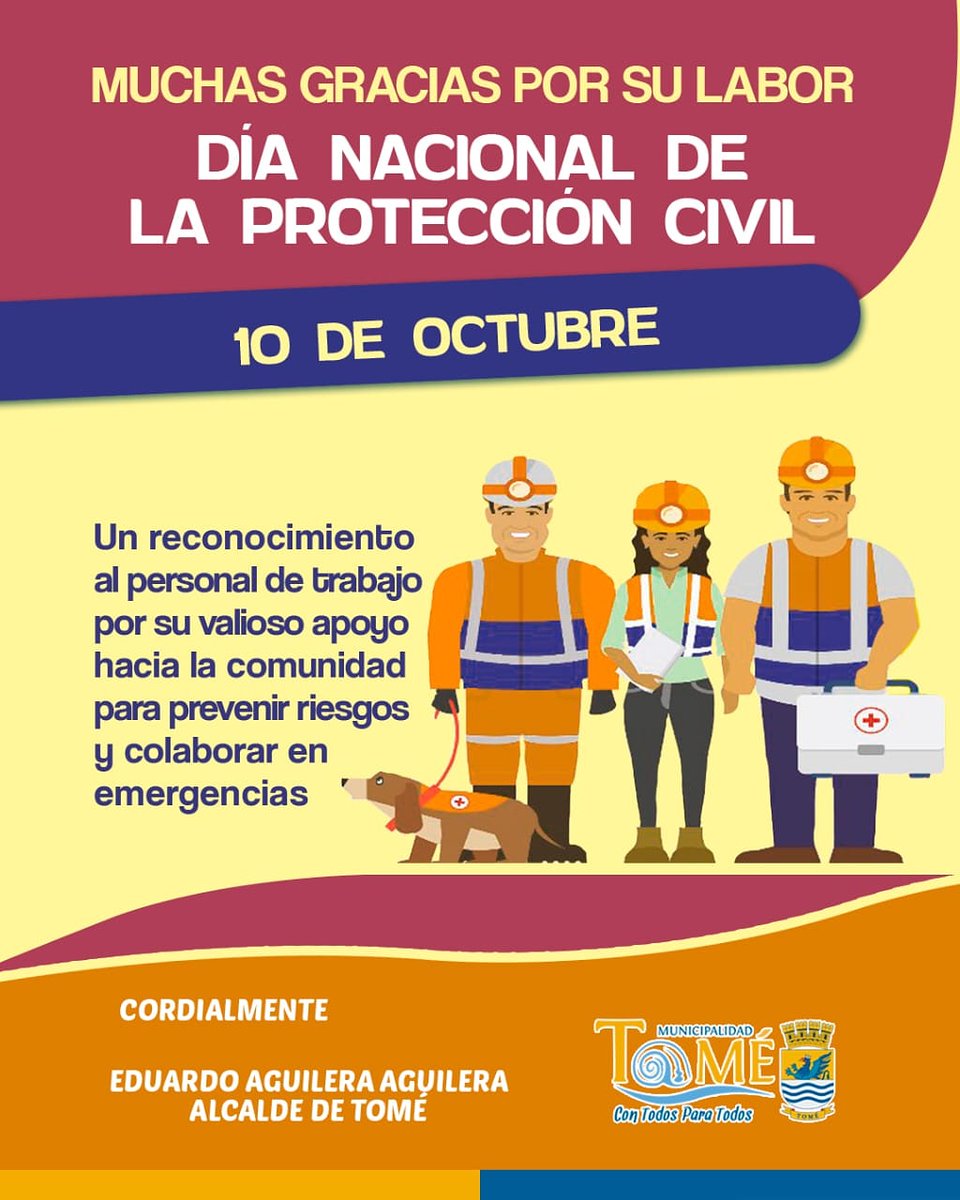 En el Día de la Protección Civil entregar un afectuoso saludo a todas y todos quienes se desempeñan en el área, previniendo riesgos y resguardando a la ciudadanía, principalmente en situaciones de emergencia.

#MunicipalidaddeTomé
#DíadelaProtecciónCivil