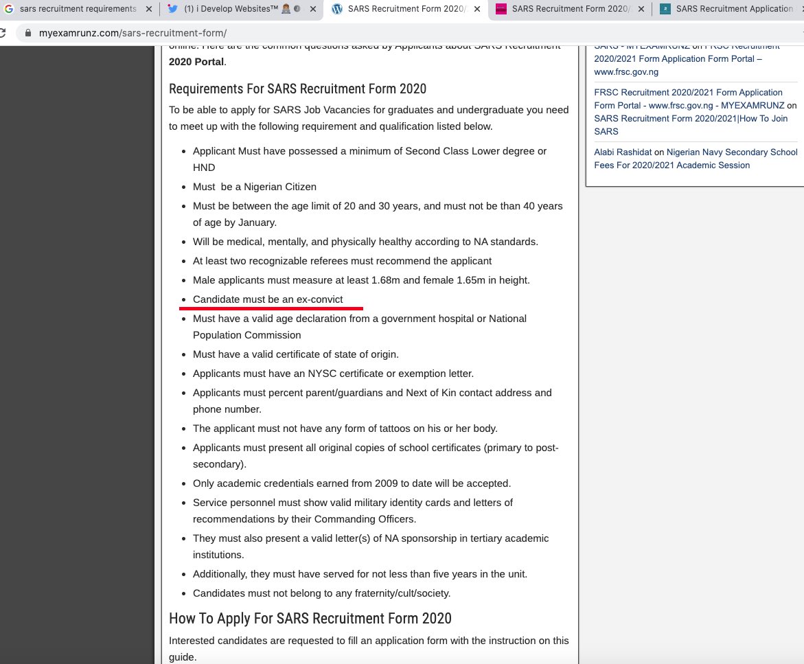 AyodejiM_'s tweet photo. I decided to do a google search and found 3 different jobs platforms that stated the same: SARS applicants must be ex convicts

See the links and screenshots below:

https://t.co/qfBozjNsZ2

https://t.co/6XGMQ45dVu

https://t.co/ofAuzrXW5h

#EndSARS #EndPoliceBrutality (3/n) https://t.co/jFkQl4CHsa