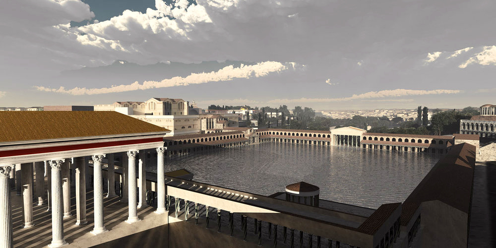 3) At the heart of the palace, bordered by magnificent porticoed colonnades, lay a huge artificial lake (stagnum Neronis) - upon which Nero held floating feasts on boats. With the completion of his Golden House, Nero claimed he could "finally begin to live like a human being."