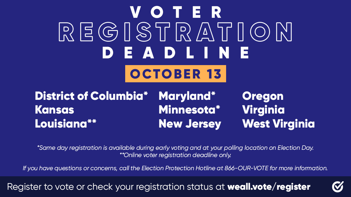 WhenWeAllVote's tweet image. 🚨  ITS NOW OR NEVER 🚨

If you live in:

Washington, D.C.
Kansas
Louisiana 
Maryland
Minnesota
New Jersey
Oregon
Virginia 
West Virginia 

Your voter registration deadline is today. Get #RegisteredAndReady: weall.vote/register